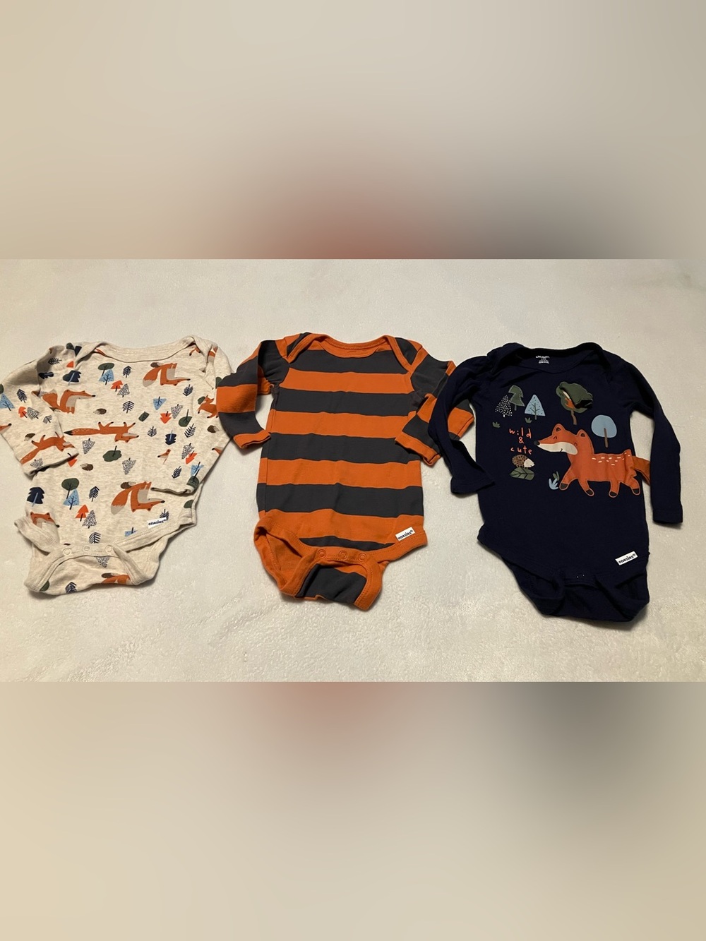 Gerber Orange & Navy Fox-Themed Long-Sleeve Baby Bodysuits (3-Pack)